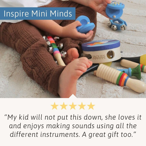 Children's musical instruments with text 'Inspire Mini Minds' and a five-star rating.