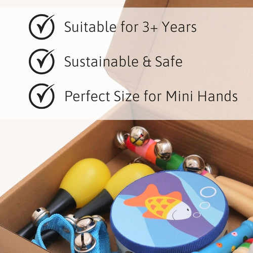 Children's musical instruments in a box with text indicating suitability, sustainability, and safety.