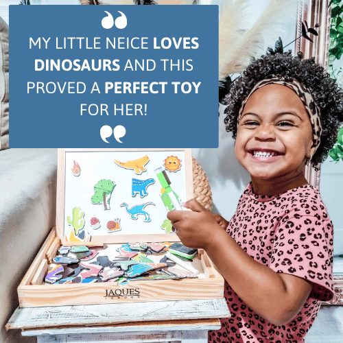 Child holding a toy with dinosaur figures and text about a nephew loving dinosaurs and the product. 