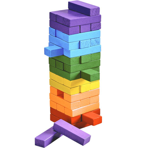 Rainbow tumble tower game for kids - a stack of bright rainbow coloured blocks