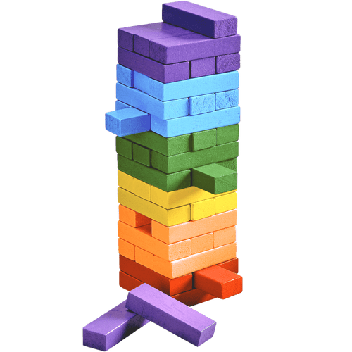 Rainbow tumble tower game for kids - a stack of bright rainbow coloured blocks