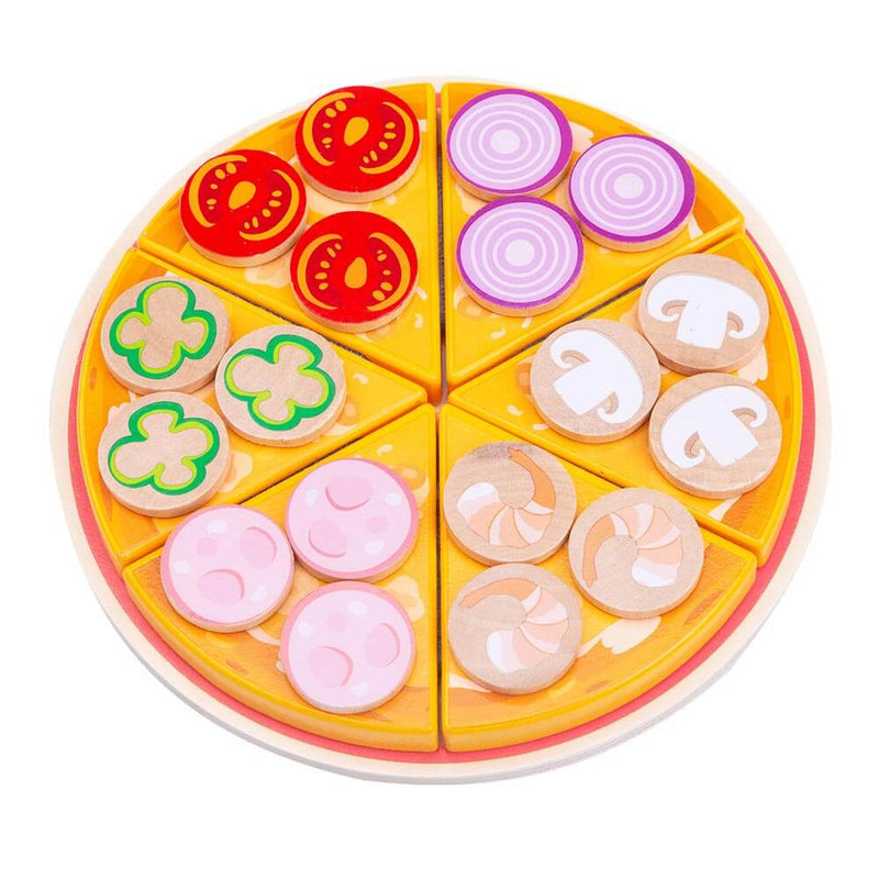 Wooden play pizza with toppings