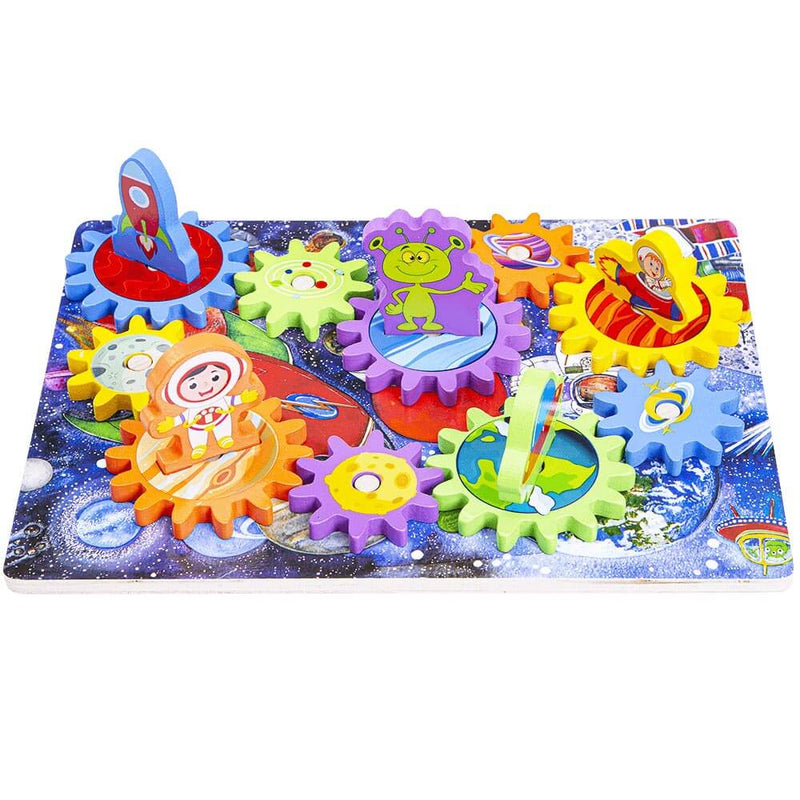 Fully assembled space puzzle with aliens and cogs