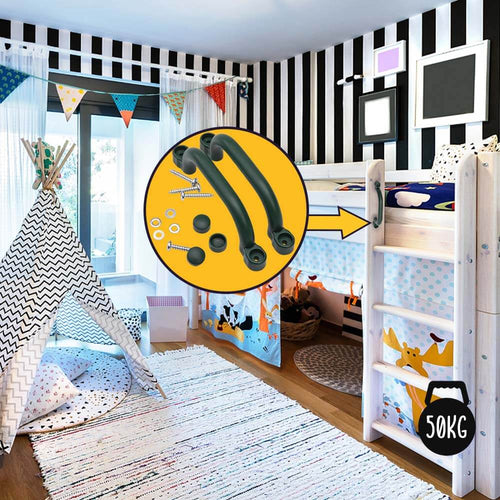  Image of play handles attached to the side of a wooden bed frame ladder in childs bedroom 