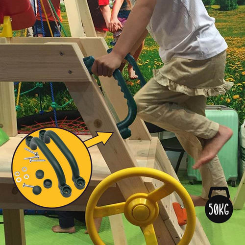  Image of handles attached to the side of an outdoor wooden climbing frame as boy climbs up it 