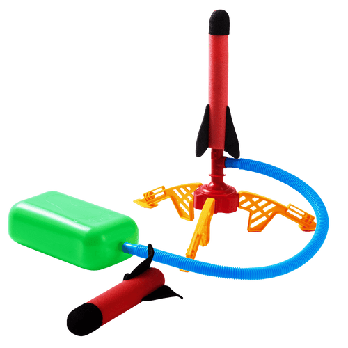 A children's toy rocket launch set on a plain white background, including a red rocket with black fins, a red-and-black hand pump, a blue flexible hose, and an orange launch stand.
