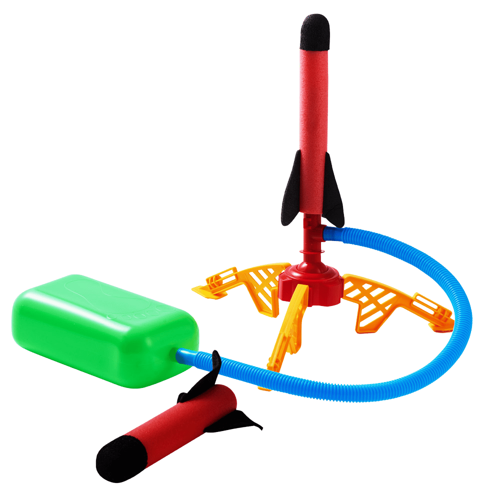 A children's toy rocket launch set on a plain white background, including a red rocket with black fins, a red-and-black hand pump, a blue flexible hose, and an orange launch stand.
