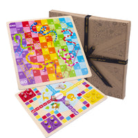 Colourful reversible snakes and ladders and ludo board for kids with Jaques signature gift packaging