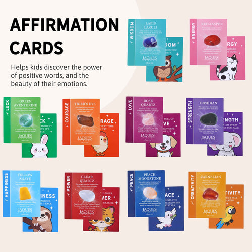Collection of affirmation cards with colourful designs and text on a white background 