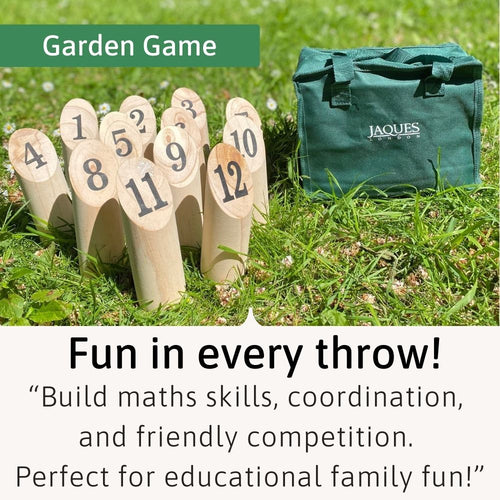 Garden game set with numbered wooden stakes and a green carrying bag on grass, featuring the brand 'Jaques'.   