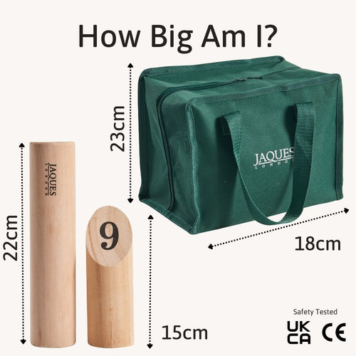 Measurement chart showing dimensions of a Jaques bag, wooden number piece, and cylindrical object. 