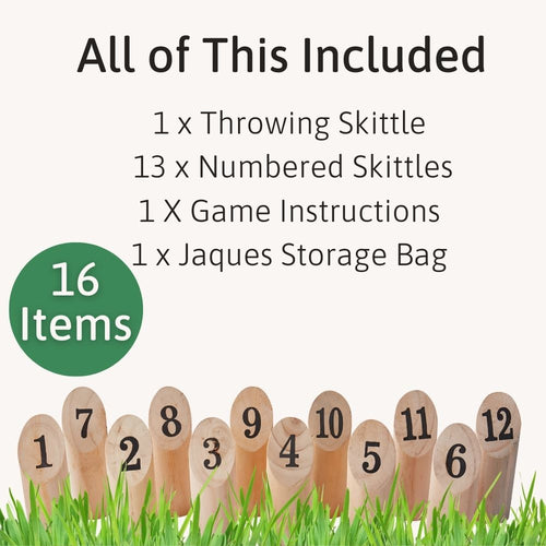 Product listing with numbered wooden skittles and game components on a grass background   