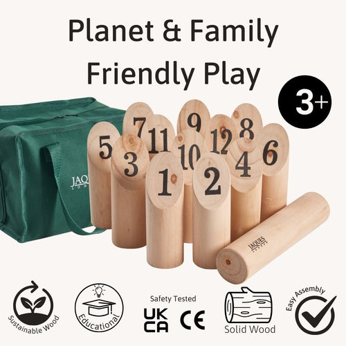 Wooden number game with green carrying bag and 'Planet & Family Friendly Play' text on a white background.   