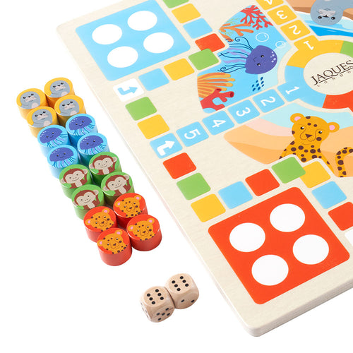  Zoomed in image of all the counters lined up next to the Ludo board