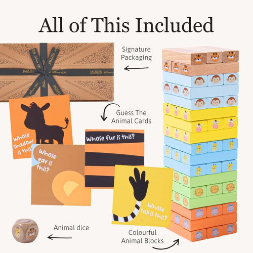 Children's educational toy set with blocks, cards, and dice on a white background