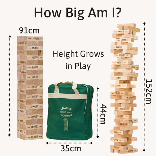 Wooden Jenga game set with dimensions and a green carrying bag on a white background 
