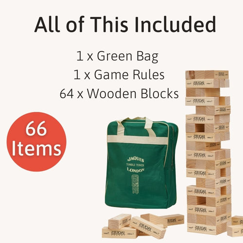 Jenga game set with green carrying bag and wooden blocks on a white background 