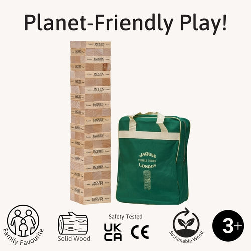 Towers of wooden blocks and a green carrying bag with branding on a white background, featuring text 'Planet-Friendly Play!'. 