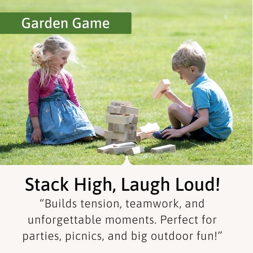 Two children playing with Jenga on a grassy field, with text about the game's benefits. 