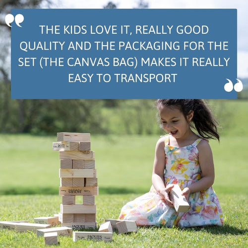 Child playing with wooden blocks in a park, with text about product quality and packaging. 