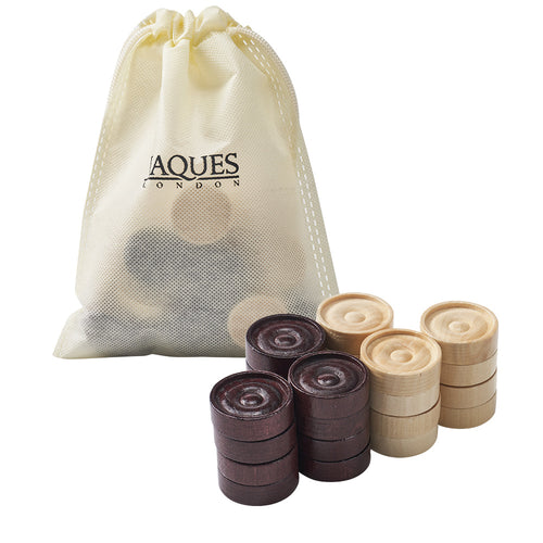 Jaques logo drawstring bag full of wooden draughts pieces
