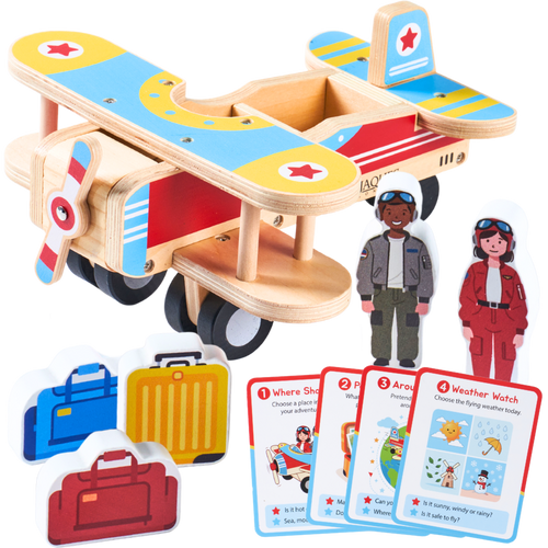 A wooden bi-plane toy set with a colourful bi-plane, two small character figures, and several illustrated cards, arranged on a plain white background. [fill]