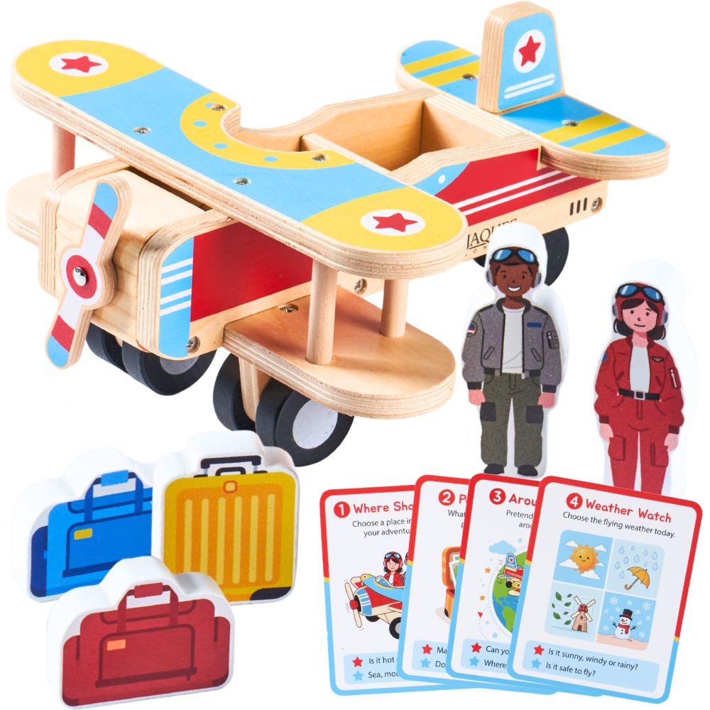 A wooden bi-plane toy set with a colourful bi-plane, two small character figures, and several illustrated cards, arranged on a plain white background. 