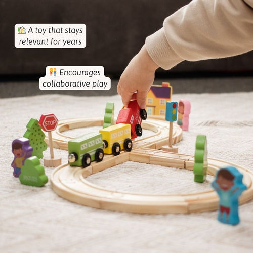 Wooden toy train set with colourful cars and figures on a track, encouraging collaborative play.