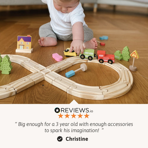 Child playing with a wooden toy train set on a wooden floor, with a five-star review rating displayed.