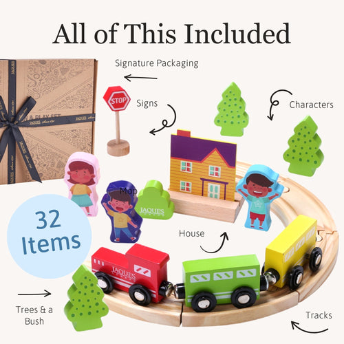 Wooden toy train set with packaging, figures, and accessories on a white background