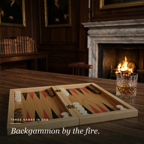 Jaques folding backgammon board open on a walnut table in a stately-home library by the fire 