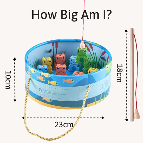 Children's fishing toy set with colourful frogs and a bucket, showing dimensions. 