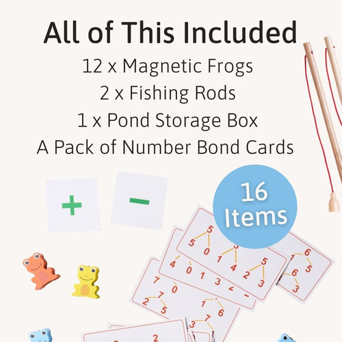 Educational toy set with magnetic frogs, fishing rods, pond storage box, and number bond cards on a white background. 