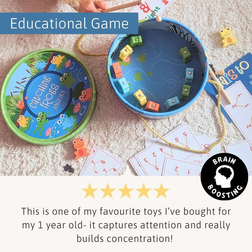 Educational game with game and cards on a carpet, featuring a five-star rating and positive review text. 