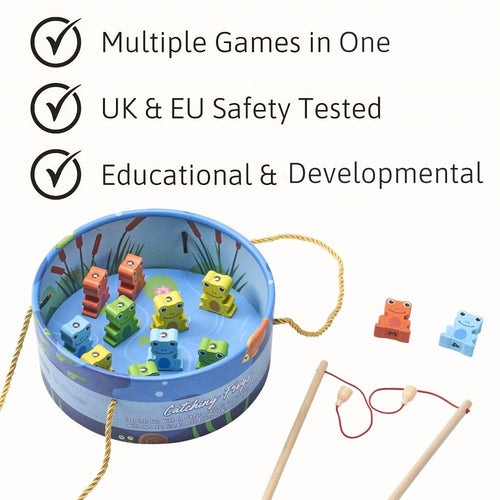 Children's fishing game set with toys and rods, featuring safety and educational attributes. 