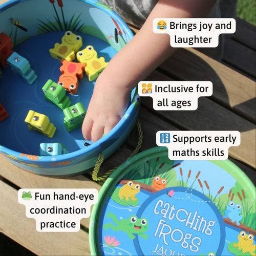 Children's game with frogs in a bowl, promoting early maths skills and hand-eye coordination. 