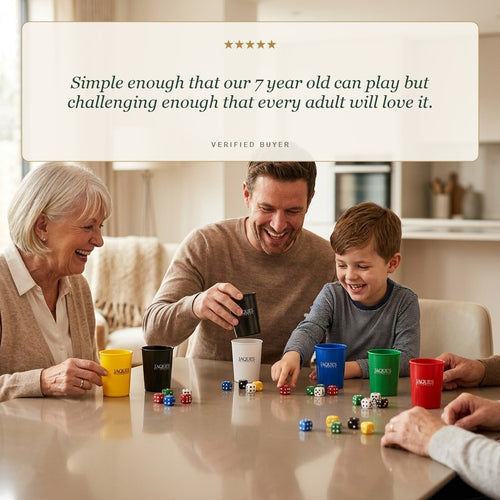 Family playing Jaques Liars Dice, five star review 