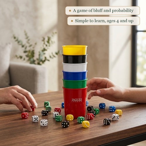 Jaques Liars Dice colourful cups and dice styled on a modern table 