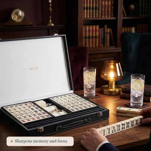 Jaques of London Mahjong set open in its black leather presentation case on a walnut table in an elegant study 