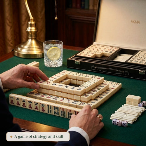 Playing the Jaques of London Mahjong set, building the wall of tiles on a green baize games table 