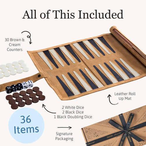 Backgammon set with leather roll-up mat, dice, and counters on a white background 
