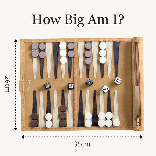 Backgammon set with pieces and dice on a beige fabric background, showing dimensions. 