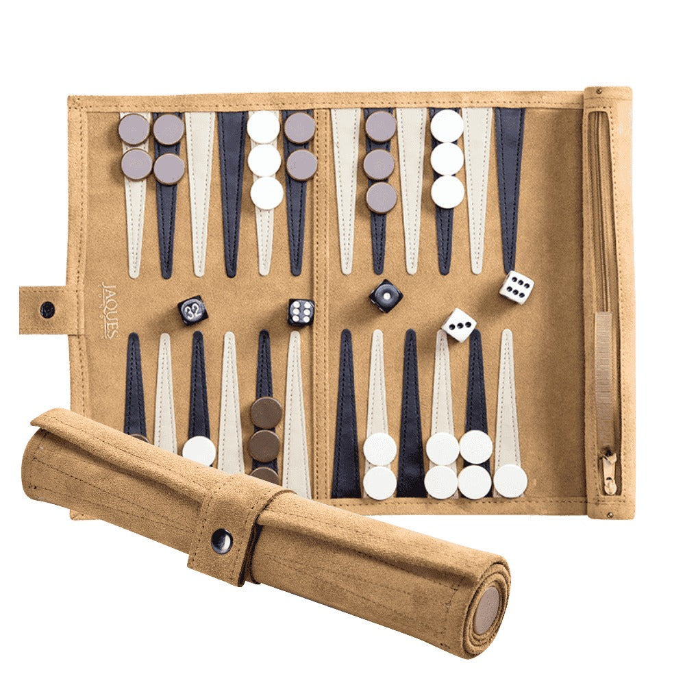 Backgammon set with pieces and dice in a beige carrying case on a transparent background