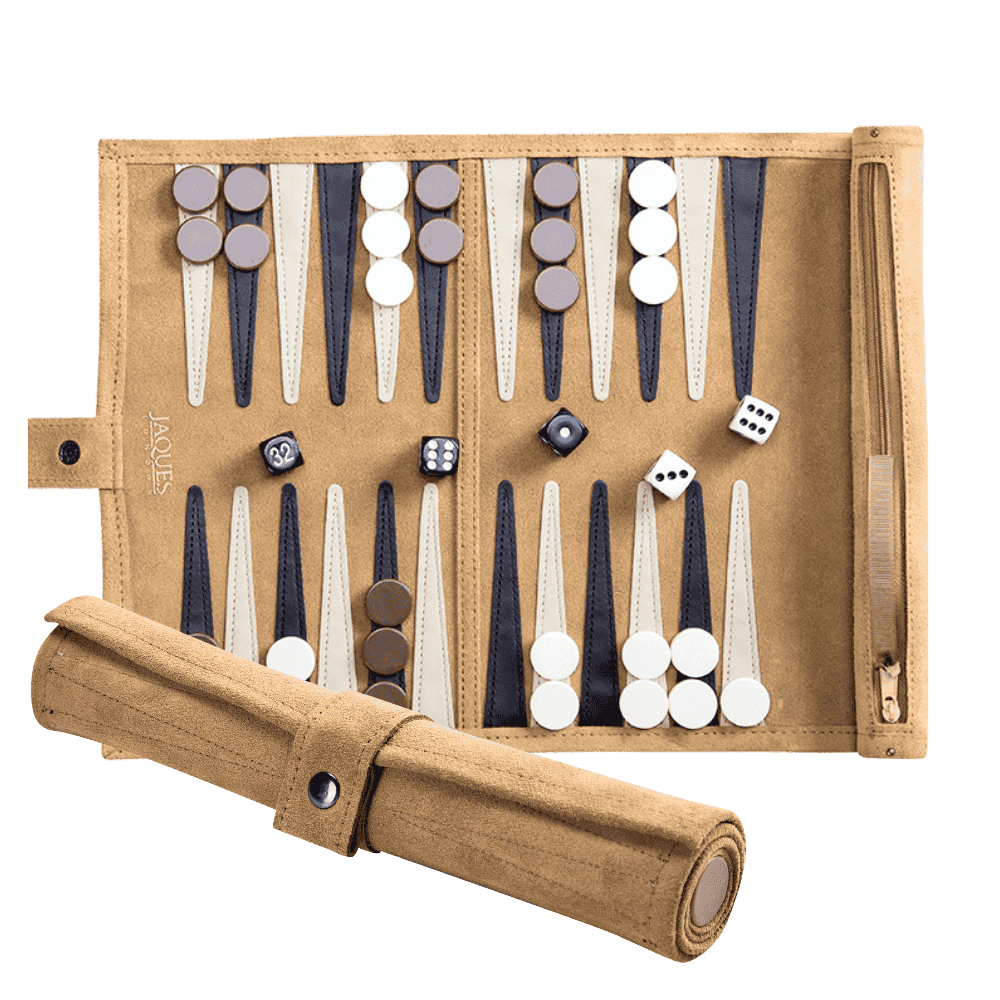 Backgammon set with pieces and dice in a beige carrying case on a transparent background