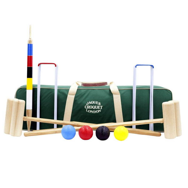 Traditional family croquet game - Canterbury croquet contents displayed with bag. [lifestyle]