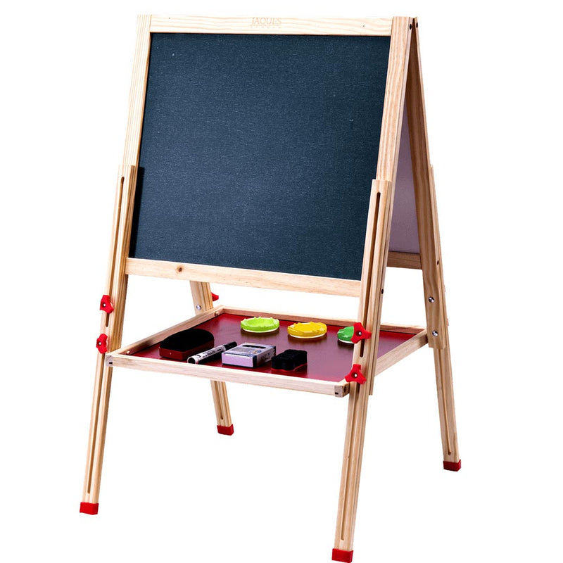 Wooden adjustable child's easel - Blackboard side of easel with paint pots, board rubbers, chalks and dry wipe marker pen