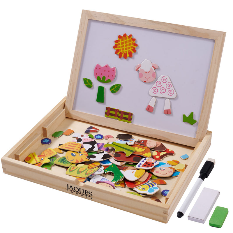 Childs-wooden-farm-yard-tales-craft-set---open-craft-box-with-accessories-by-the-sides-