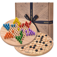 Reversible image shows each side of board, Chinese checkers and then go bang with the Jaques gift signature packaging