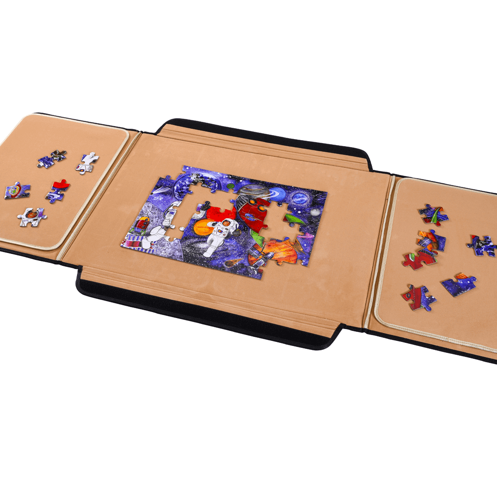 Portable puzzle board open with puzzle partially complete and pieces displayed 