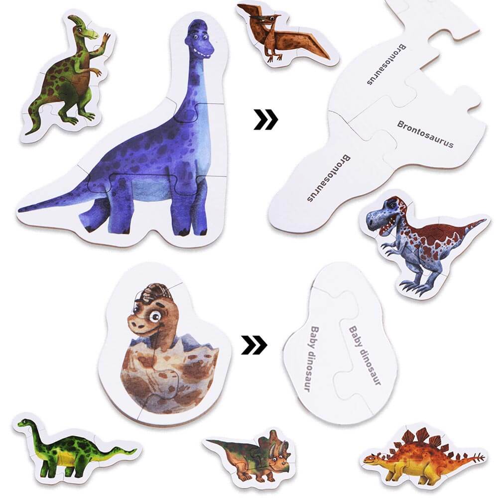  Kids dinosaur puzzle - two completed puzzles, front and back view to show name of dinosaur on back, plus the other dinosaurs it possible to make